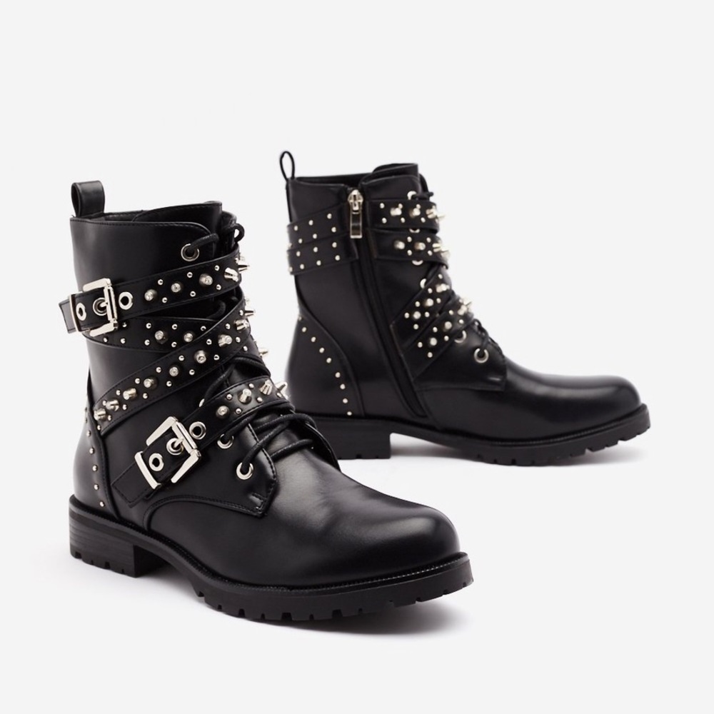 NWT: Studded Lace Up Biker Boots